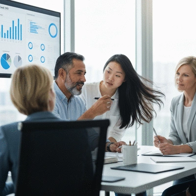Diverse team collaborating in a modern office, discussing local SEO strategies, with charts and data on screens, no text, no words, no typography, 8K