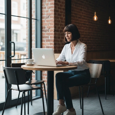 Digital nomad working on laptop in a cafe, representing expat mobility