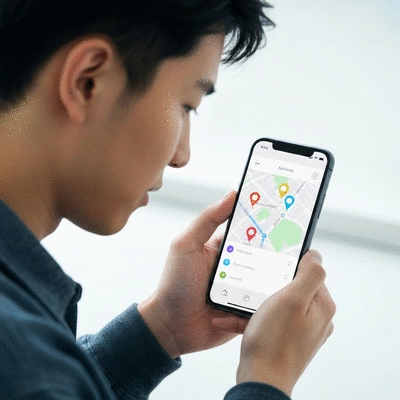 Person using a smartphone to search for local businesses, with location pins on a map overlay, no text, no words, no typography, 8K