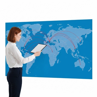 Professional looking at a global map with interconnected lines, symbolizing international business and SEO strategies, no text, no words, no typography, clean image, 8K