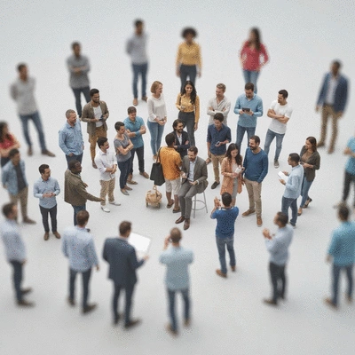 Abstract representation of a growing community around a brand, with diverse people interacting positively, symbolizing long-term engagement and loyalty, no text, no words, no typography, clean image