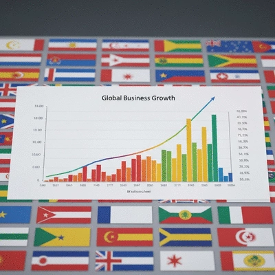 Global business growth chart with diverse international flags