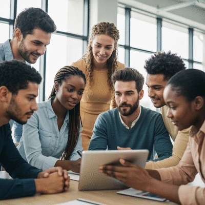 Multicultural group of young professionals collaborating on a digital marketing strategy for expatriates, diverse faces, modern office setting, no text, no words, no typography, clean image