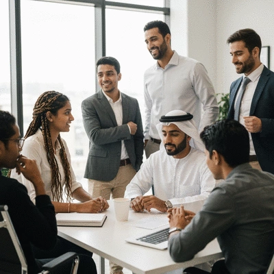 Diverse group of expat entrepreneurs networking and collaborating, professional setting, bright and modern, no text, no words, no typography, 8K