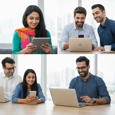 Diverse group of expatriates engaging with digital marketing content on various devices, illustrating global reach and cultural adaptation