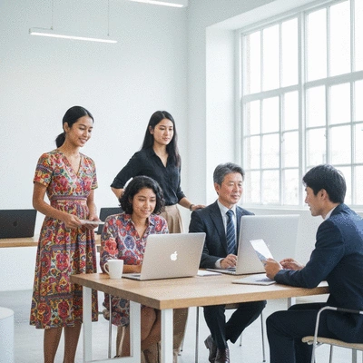 Diverse group of expats from different cultural backgrounds interacting in a modern, inclusive setting, symbolizing global marketing efforts