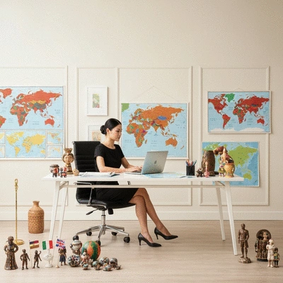 Professional woman working on a laptop, surrounded by diverse cultural symbols and maps, representing expat marketing strategies, clean modern office, no text, no words, no typography, clean image