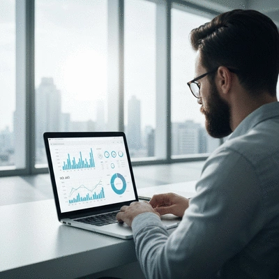 Person analyzing SEO data on a laptop, showing charts and graphs, clean image