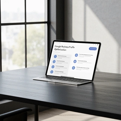 Digital checklist or guide for Google Business Profile optimization, clean desk setup, natural light