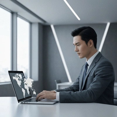 Professional working on a laptop with global map overlay, symbolizing international strategy and data analysis