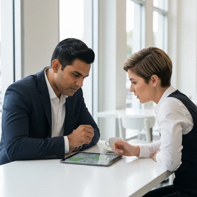 Two business people discussing a local SEO strategy on a tablet, with a map on the screen, clean image