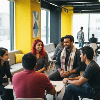 Diverse group of expats networking at a modern co-working space, representing increased visibility and community engagement, no text, no words, no typography, clean image