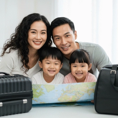 Smiling expat family looking at map on a journey with suitcases