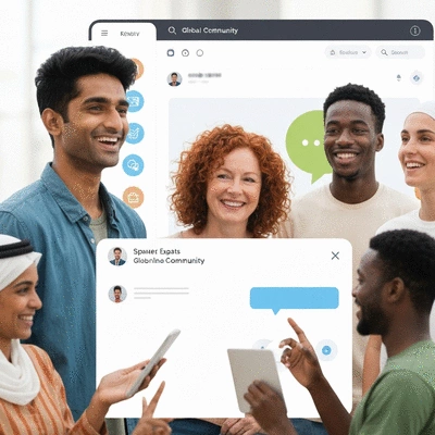 Diverse group of expats interacting in a global online community, representing cultural sensitivity