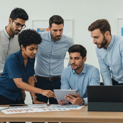 Diverse group of expat entrepreneurs collaborating in a modern office setting, discussing business strategies on a tablet, no text, no words, no typography, clean image, 8K
