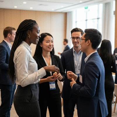 Diverse group of expats networking at a business event, professional and engaged, natural lighting, no text, no words, no typography, clean image