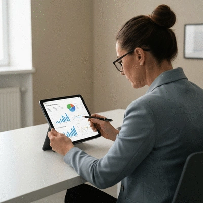 Business professional analyzing marketing data on a tablet, charts and graphs visible, clean office environment, no text, no words, no typography, clean image